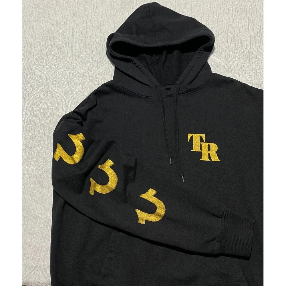 TRUE RELIGION Black Gold Logo Hoodie‎ Sweatshirt Hooded Pullover Mens Large